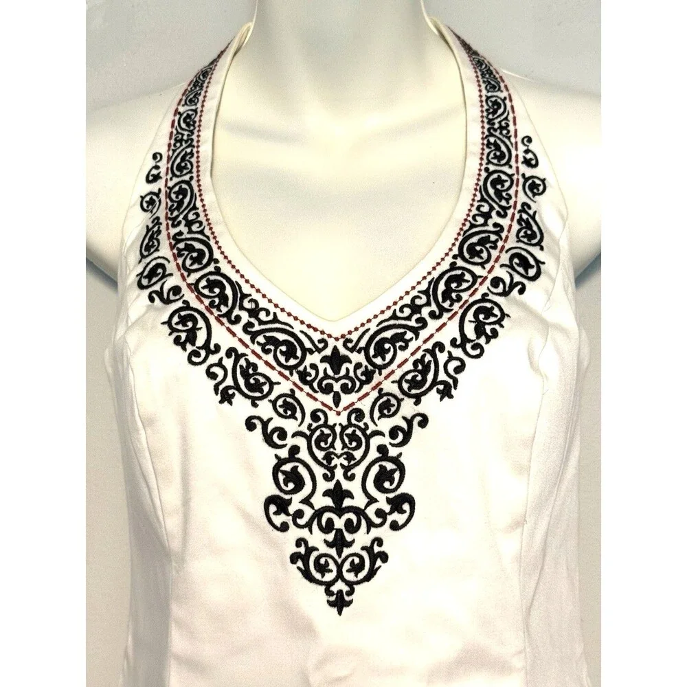 White House Black Market Structured Halter Top Sz US 8 Cotton Embroidered Lined
